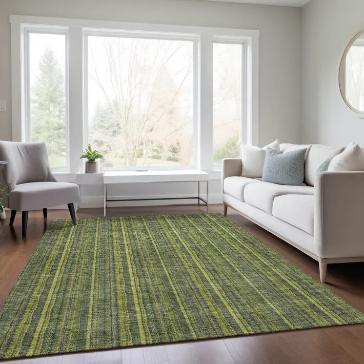 8' X 10' Olive Green And Lime Green Striped Washable Indoor Outdoor Area Rug