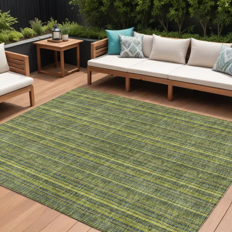 9' X 12' Olive Green And Lime Green Striped Washable Indoor Outdoor Area Rug