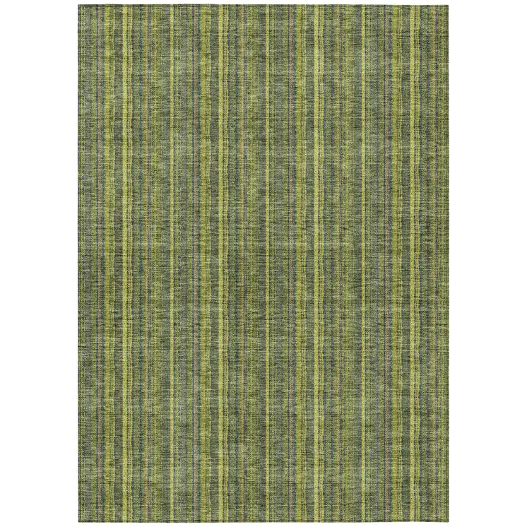9' X 12' Olive Green And Lime Green Striped Washable Indoor Outdoor Area Rug