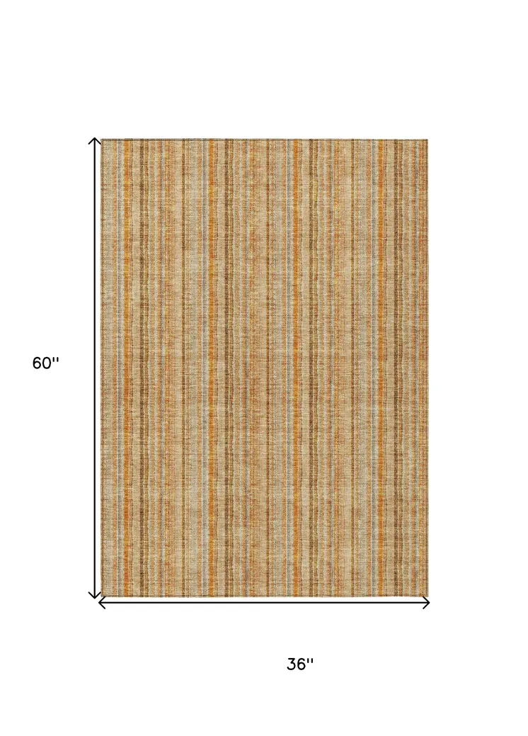 3' X 5' Peach Orange And Rust Striped Washable Indoor Outdoor Area Rug