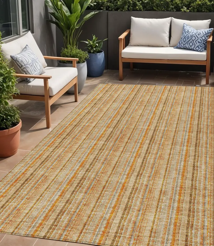 5' X 8' Peach Orange And Rust Striped Washable Indoor Outdoor Area Rug