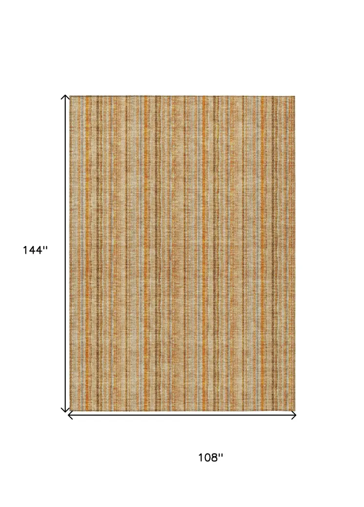9' X 12' Peach Orange And Rust Striped Washable Indoor Outdoor Area Rug