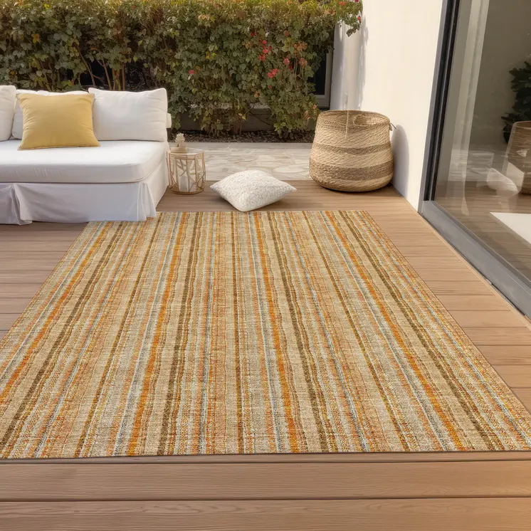 9' X 12' Peach Orange And Rust Striped Washable Indoor Outdoor Area Rug