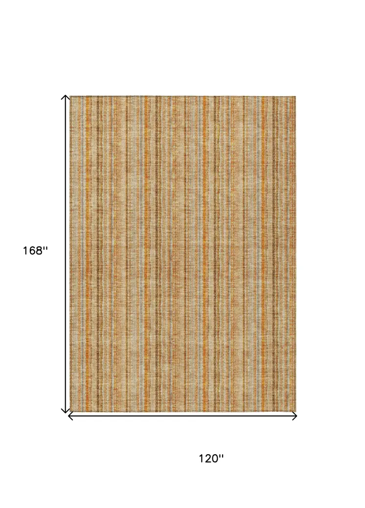 10' X 14' Peach Orange And Rust Striped Washable Indoor Outdoor Area Rug