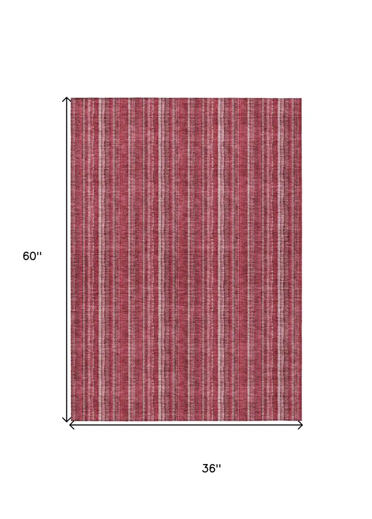 3' X 5' Pink Burgundy And Ivory Striped Washable Indoor Outdoor Area Rug