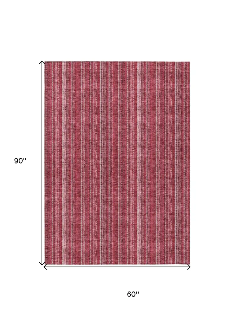 5' X 8' Pink Burgundy And Ivory Striped Washable Indoor Outdoor Area Rug