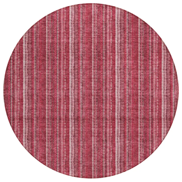 8' Pink Burgundy And Ivory Round Striped Washable Indoor Outdoor Area Rug