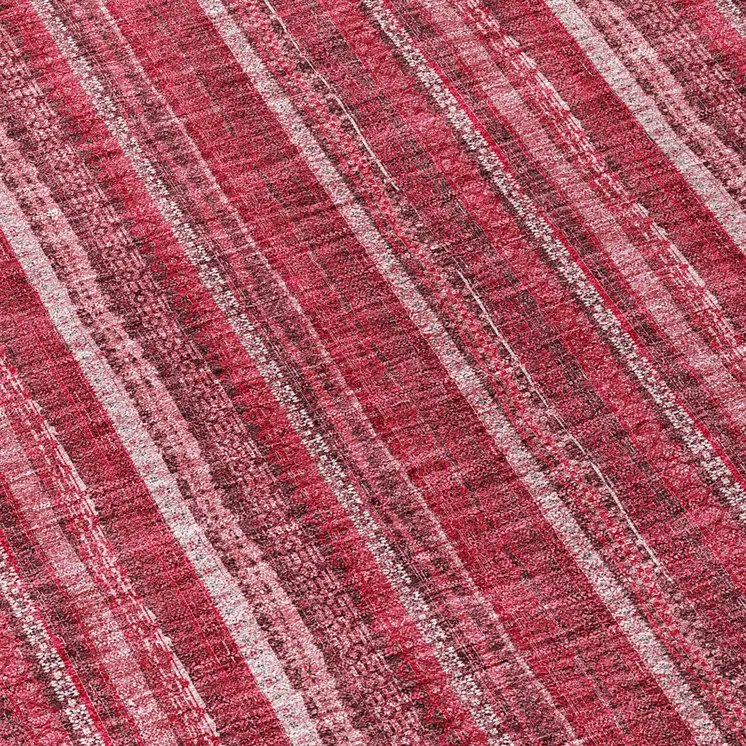 8' Pink Burgundy And Ivory Round Striped Washable Indoor Outdoor Area Rug