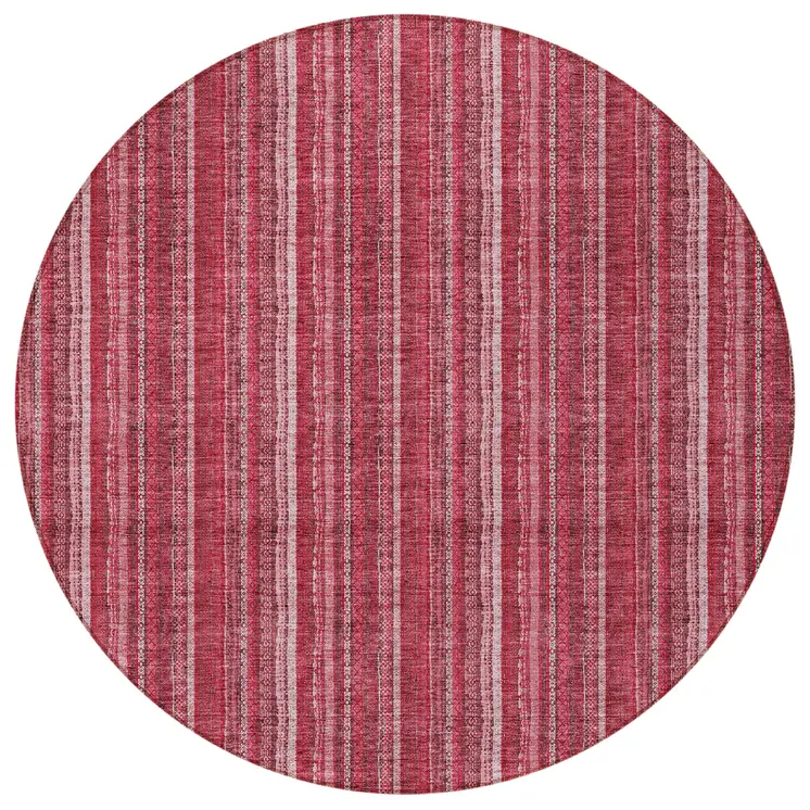 8' Pink Burgundy And Ivory Round Striped Washable Indoor Outdoor Area Rug