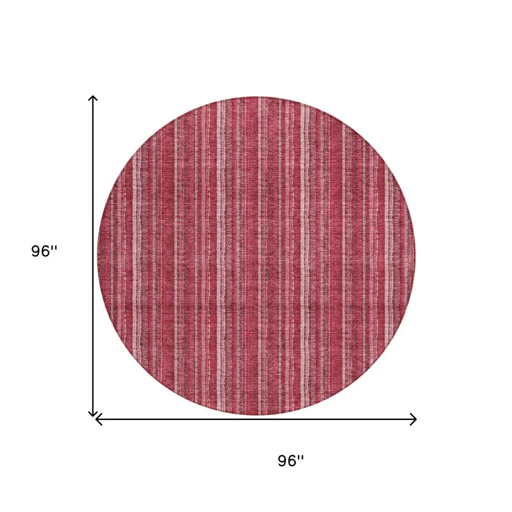 8' Pink Burgundy And Ivory Round Striped Washable Indoor Outdoor Area Rug