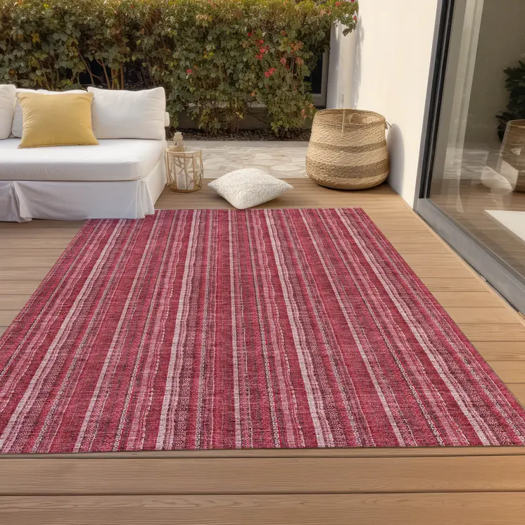 8' X 10' Pink Burgundy And Ivory Striped Washable Indoor Outdoor Area Rug