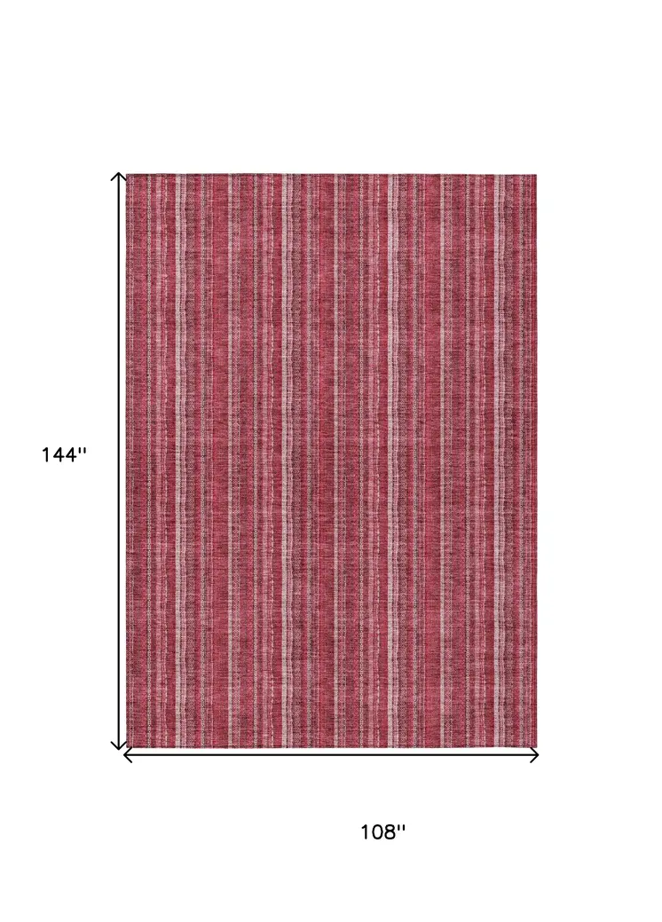9' X 12' Pink Burgundy And Ivory Striped Washable Indoor Outdoor Area Rug