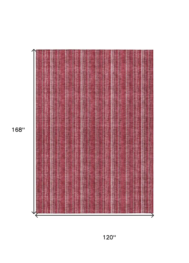 10' X 14' Pink Burgundy And Ivory Striped Washable Indoor Outdoor Area Rug