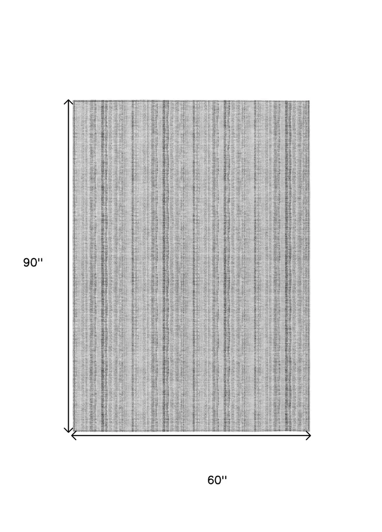 5' X 8' Silver And Gray Striped Washable Indoor Outdoor Area Rug