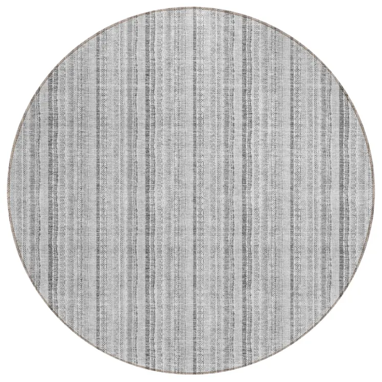 8' Silver And Gray Round Striped Washable Indoor Outdoor Area Rug