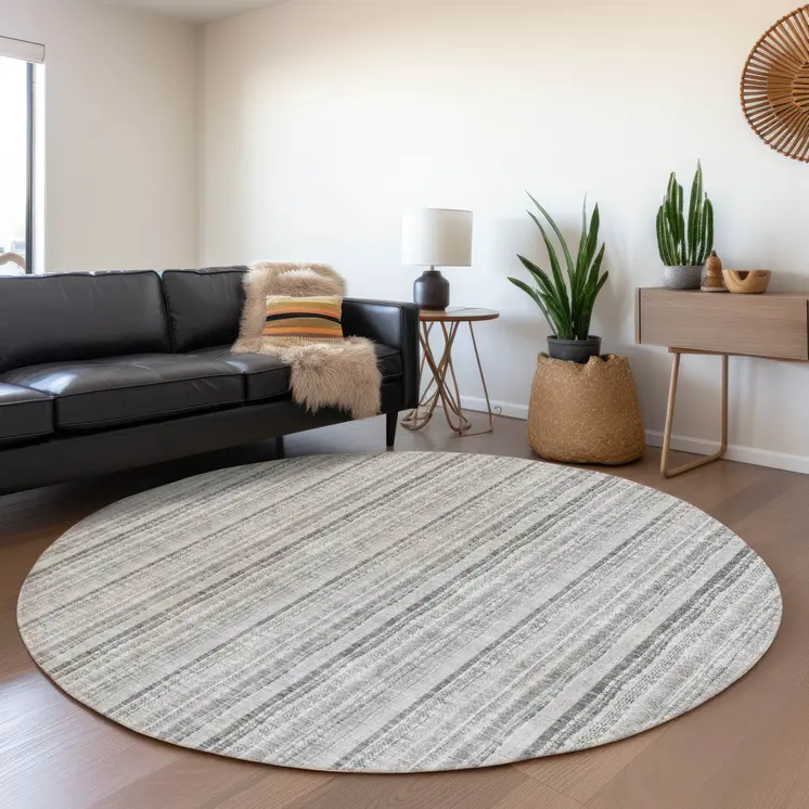 8' Silver And Gray Round Striped Washable Indoor Outdoor Area Rug