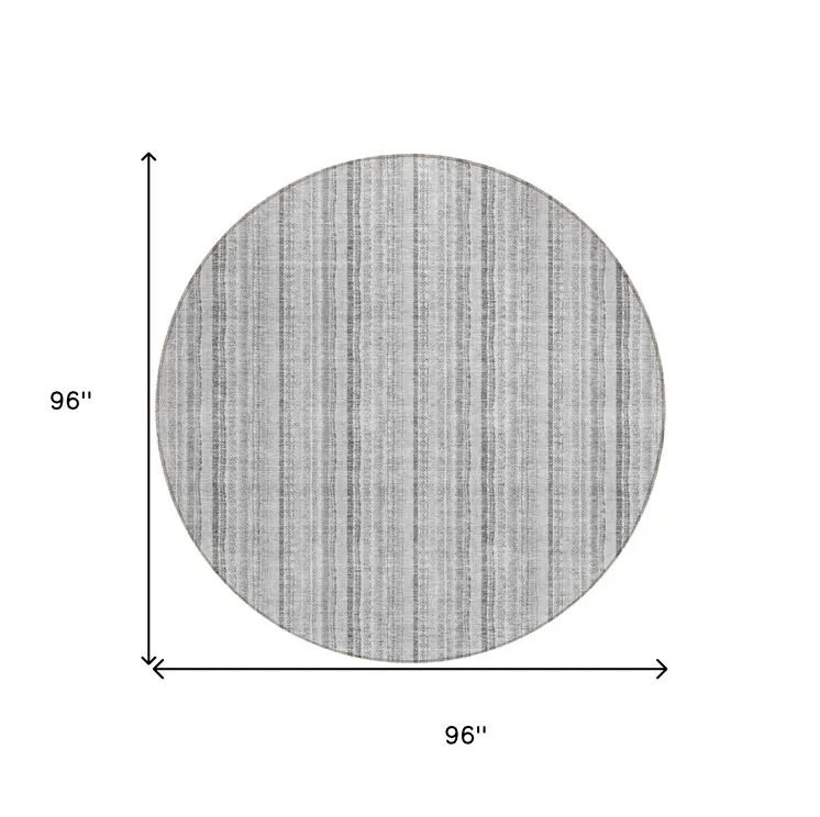 8' Silver And Gray Round Striped Washable Indoor Outdoor Area Rug