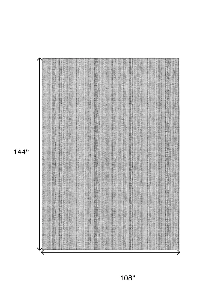 9' X 12' Silver And Gray Striped Washable Indoor Outdoor Area Rug