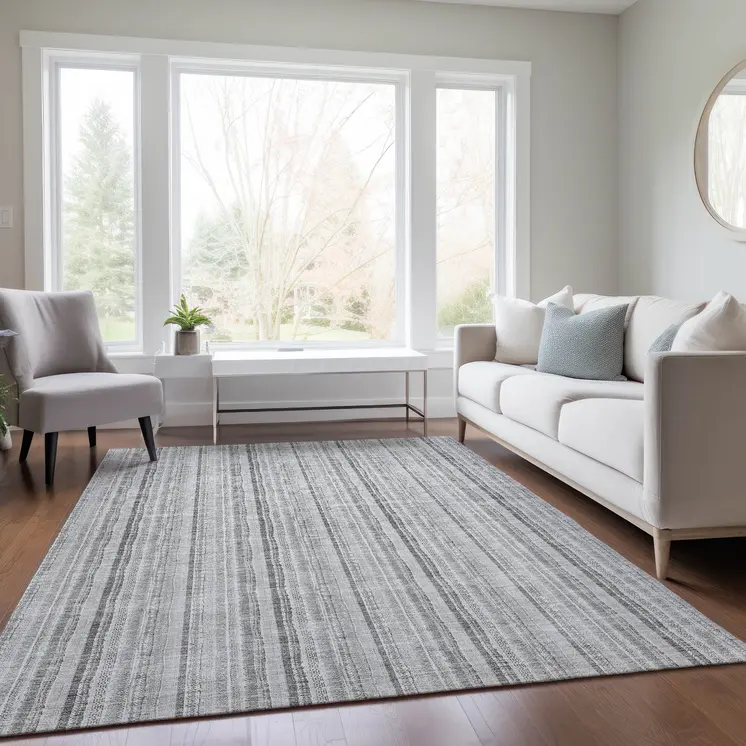 10' X 14' Silver And Gray Striped Washable Indoor Outdoor Area Rug