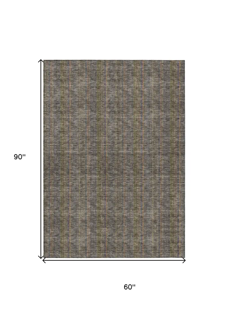 5' X 8' Taupe Denim Blue And Olive Green Striped Washable Indoor Outdoor Area Rug