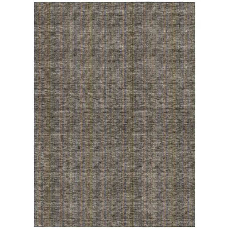 8' X 10' Taupe Denim Blue And Olive Green Striped Washable Indoor Outdoor Area Rug