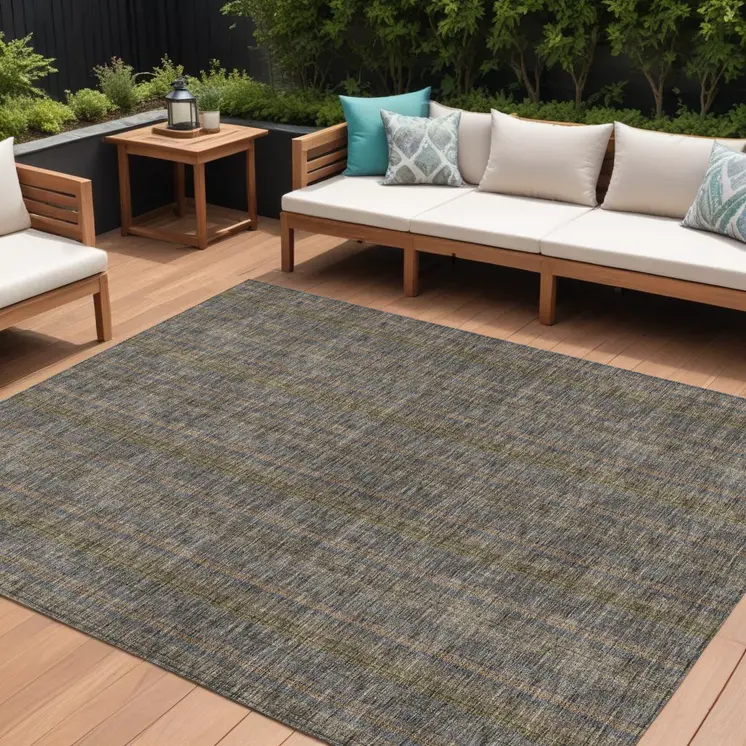 8' X 10' Taupe Denim Blue And Olive Green Striped Washable Indoor Outdoor Area Rug