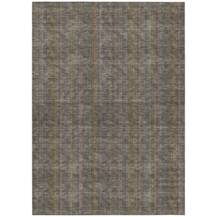 8' X 10' Taupe Denim Blue And Olive Green Striped Washable Indoor Outdoor Area Rug