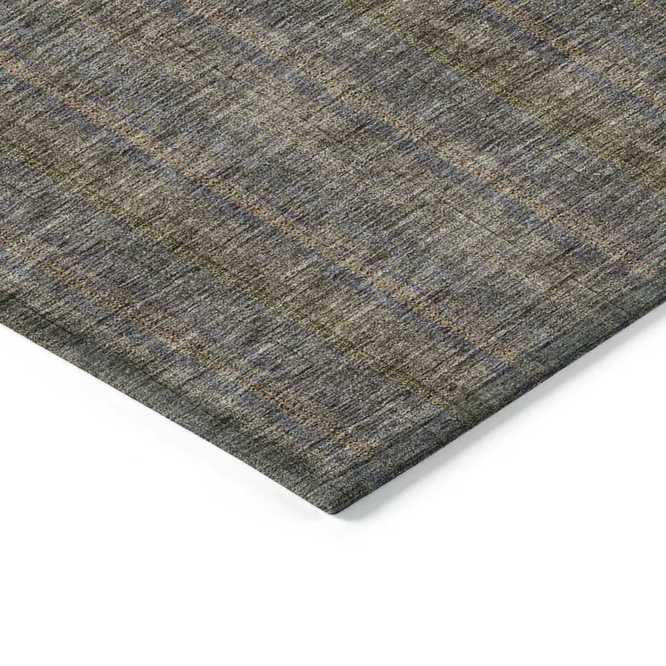 8' X 10' Taupe Denim Blue And Olive Green Striped Washable Indoor Outdoor Area Rug