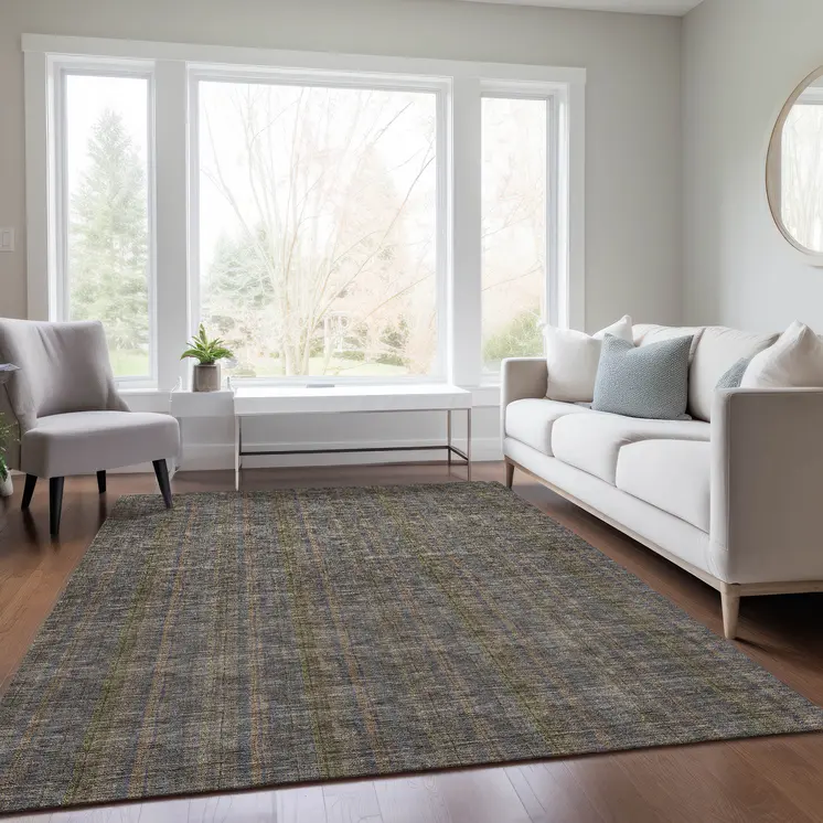 8' X 10' Taupe Denim Blue And Olive Green Striped Washable Indoor Outdoor Area Rug