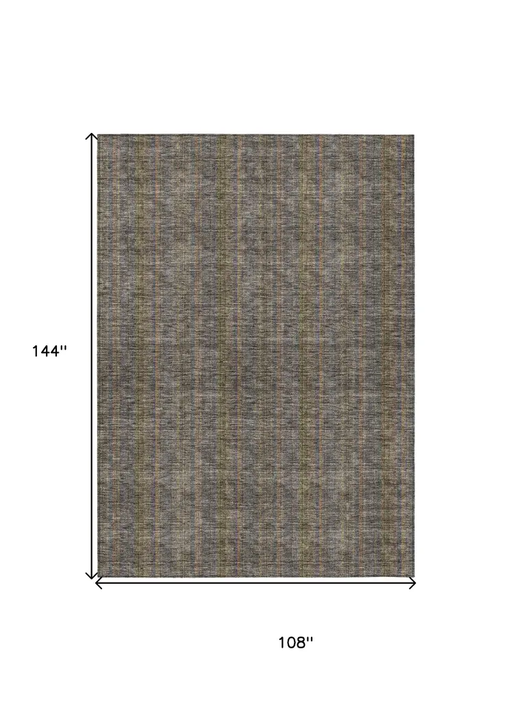 9' X 12' Taupe Denim Blue And Olive Green Striped Washable Indoor Outdoor Area Rug
