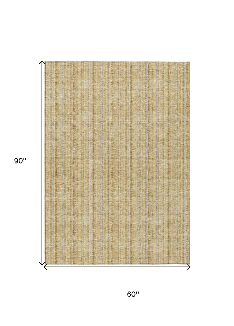 5' X 8' Wheat Gold And Gray Striped Washable Indoor Outdoor Area Rug