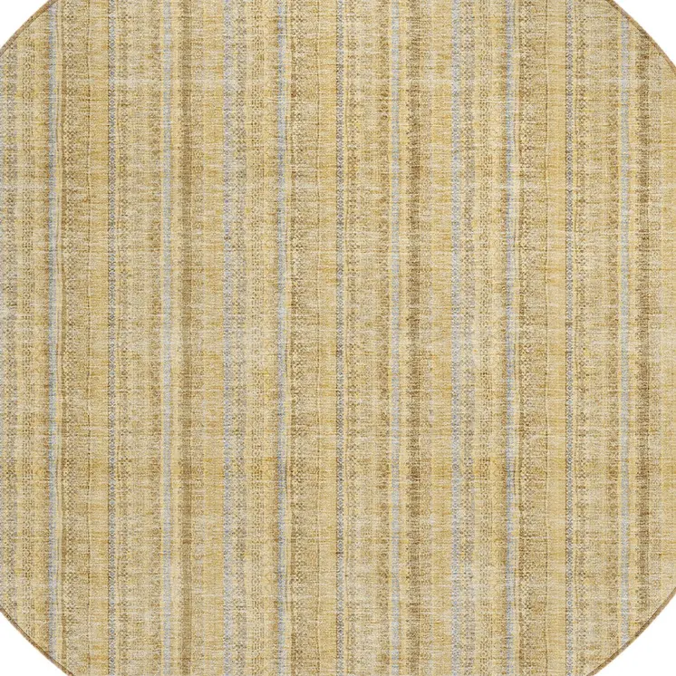 8' Wheat Gold And Gray Round Striped Washable Indoor Outdoor Area Rug