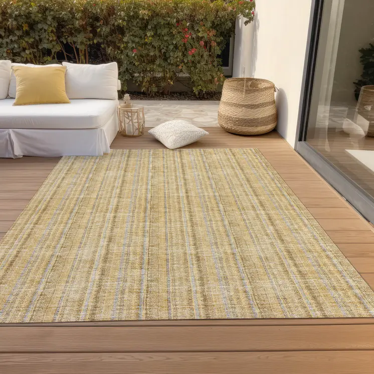 8' X 10' Wheat Gold And Gray Striped Washable Indoor Outdoor Area Rug