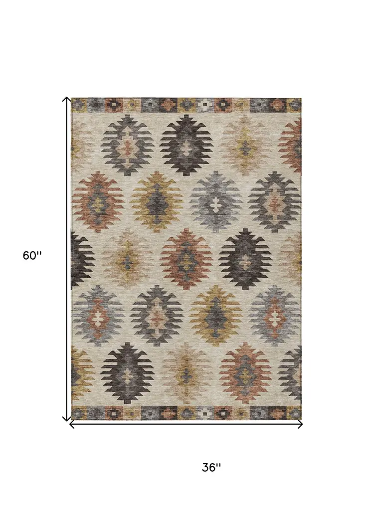 3' X 5' Beige Copper And Gray Southwestern Washable Indoor Outdoor Area Rug