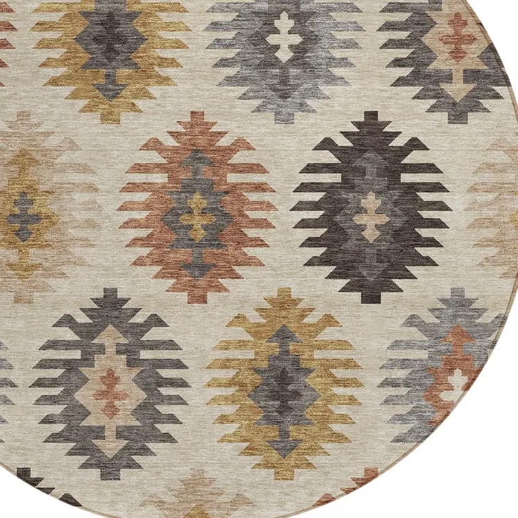 8' Beige Copper And Gray Round Southwestern Washable Indoor Outdoor Area Rug