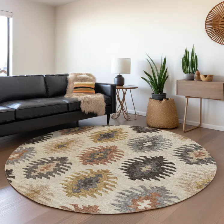 8' Beige Copper And Gray Round Southwestern Washable Indoor Outdoor Area Rug