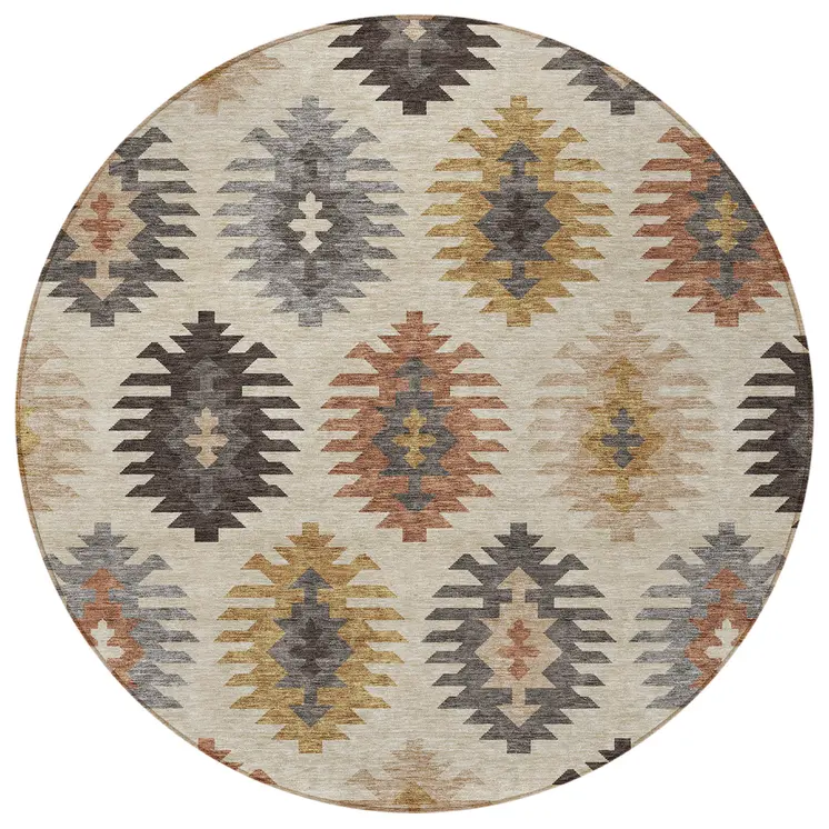 8' Beige Copper And Gray Round Southwestern Washable Indoor Outdoor Area Rug