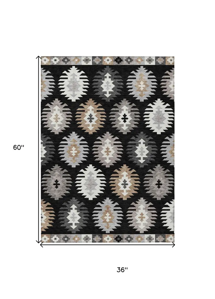 3' X 5' Black Ivory And Taupe Southwestern Washable Indoor Outdoor Area Rug