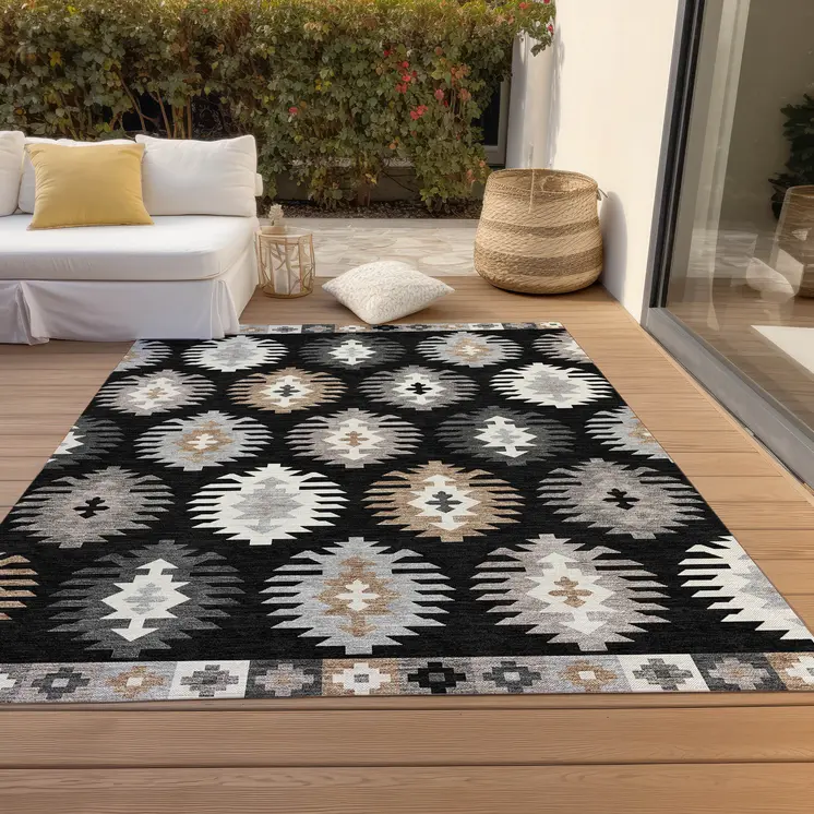 3' X 5' Black Ivory And Taupe Southwestern Washable Indoor Outdoor Area Rug