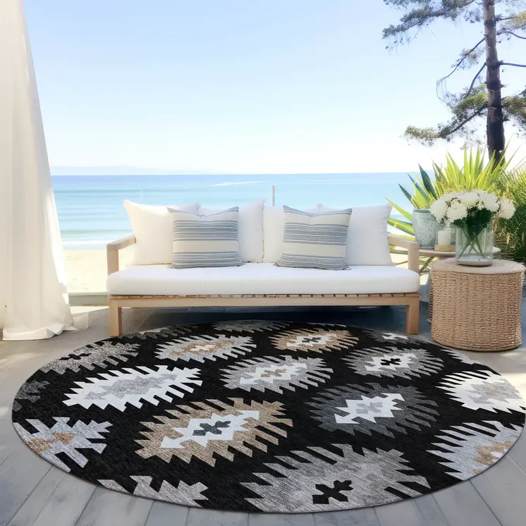 8' Black Ivory And Taupe Round Southwestern Washable Indoor Outdoor Area Rug