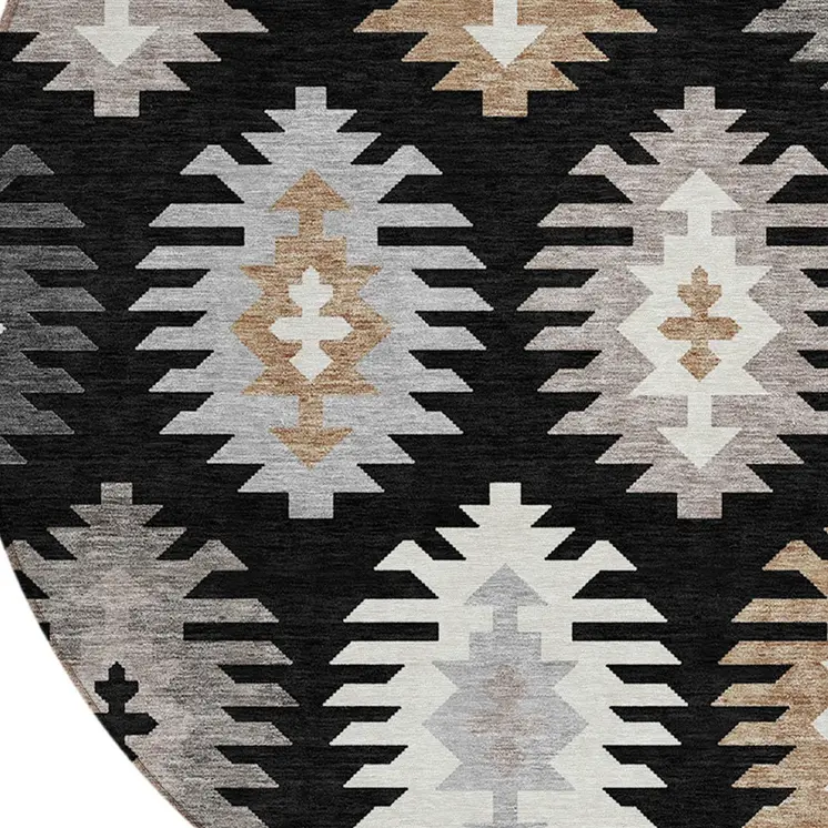 8' Black Ivory And Taupe Round Southwestern Washable Indoor Outdoor Area Rug