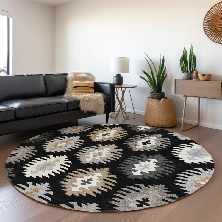 8' Black Ivory And Taupe Round Southwestern Washable Indoor Outdoor Area Rug