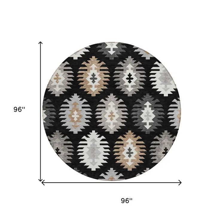 8' Black Ivory And Taupe Round Southwestern Washable Indoor Outdoor Area Rug