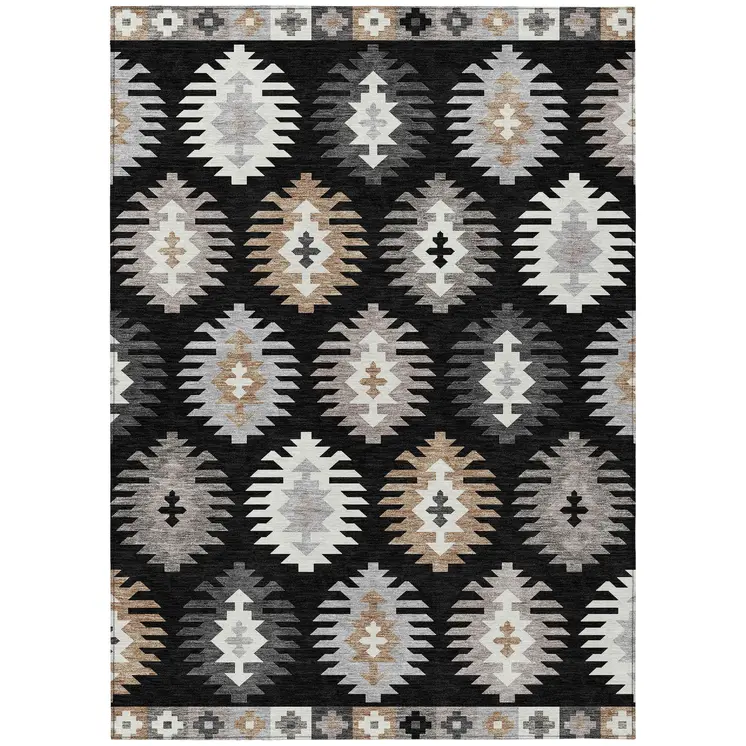 9' X 12' Black Ivory And Taupe Southwestern Washable Indoor Outdoor Area Rug