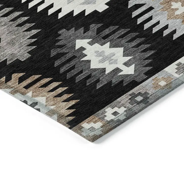 9' X 12' Black Ivory And Taupe Southwestern Washable Indoor Outdoor Area Rug