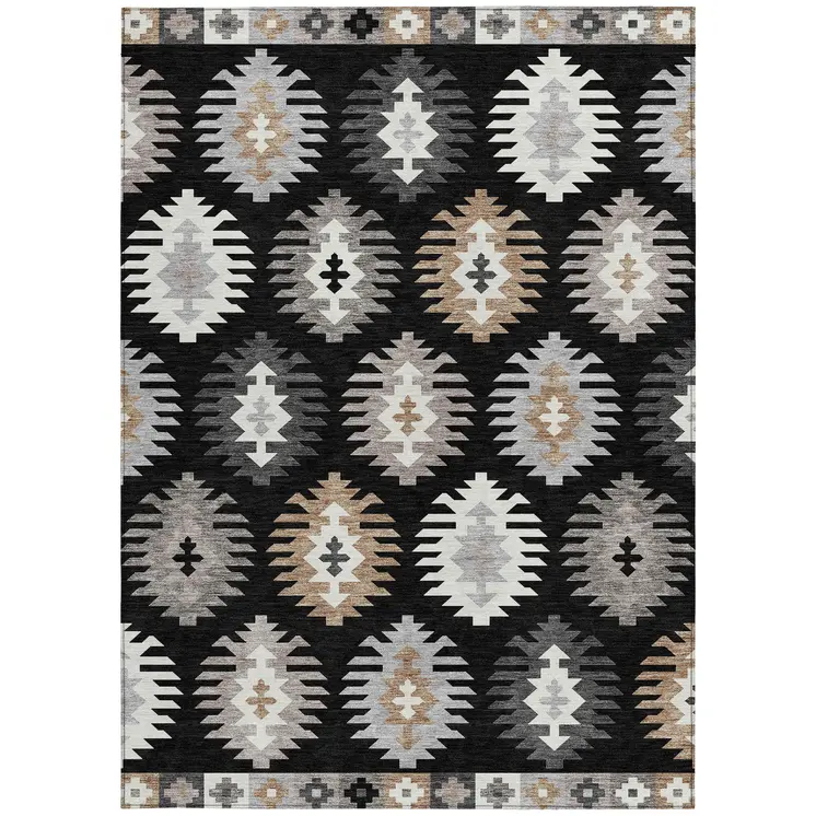 9' X 12' Black Ivory And Taupe Southwestern Washable Indoor Outdoor Area Rug