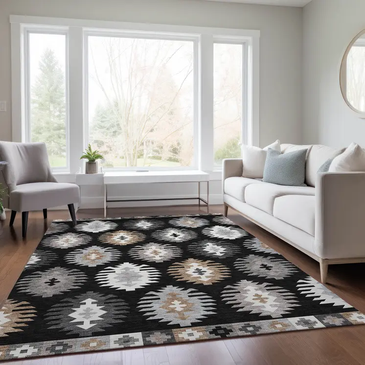 9' X 12' Black Ivory And Taupe Southwestern Washable Indoor Outdoor Area Rug