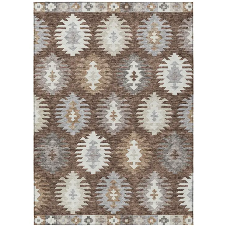 9' X 12' Brown Ivory And Taupe Southwestern Washable Indoor Outdoor Area Rug