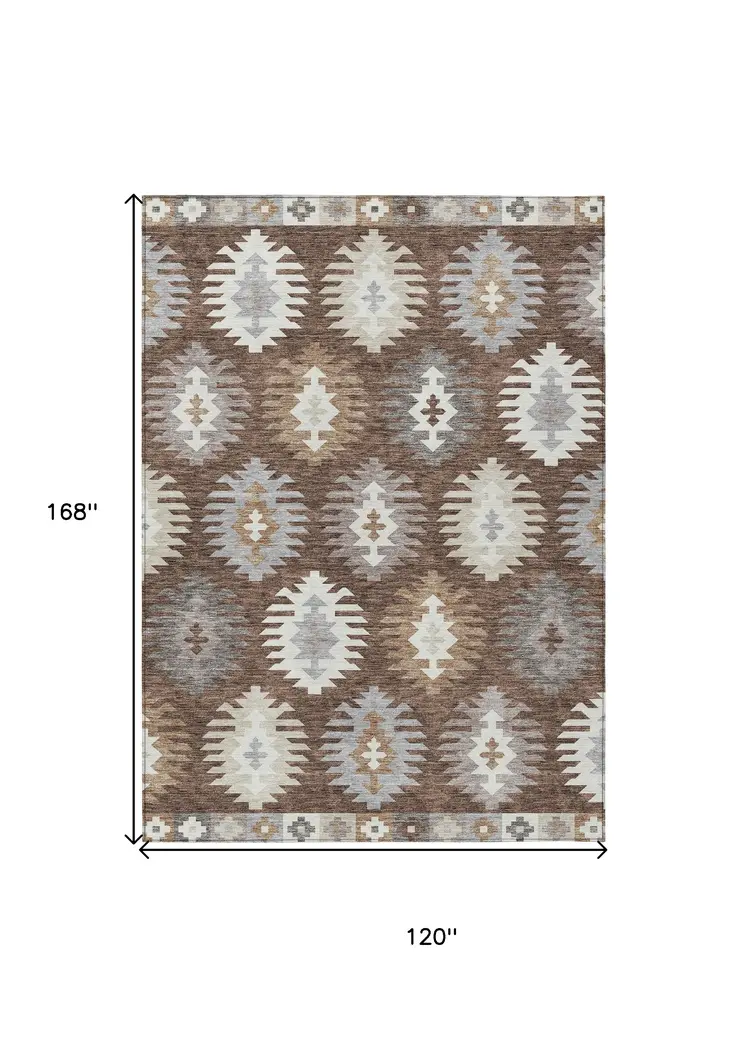 10' X 14' Brown Ivory And Taupe Southwestern Washable Indoor Outdoor Area Rug