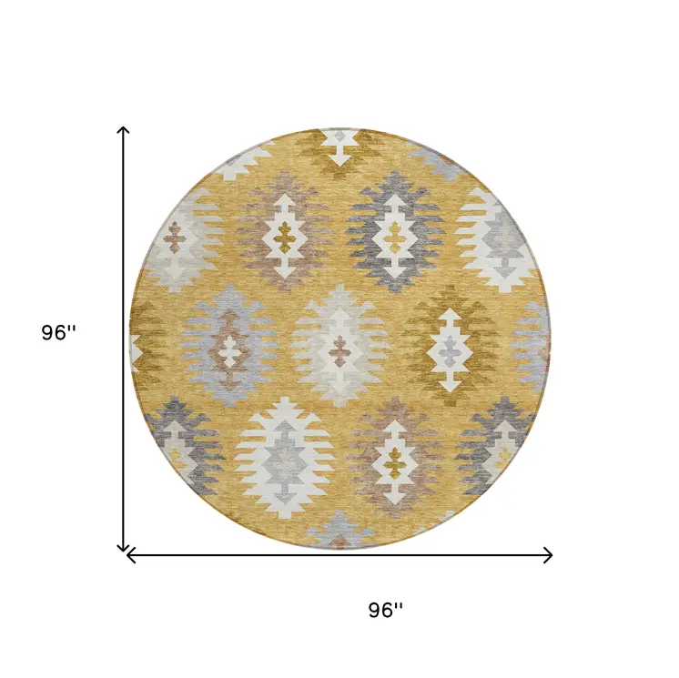 8' Gold Ivory And Taupe Round Southwestern Washable Indoor Outdoor Area Rug